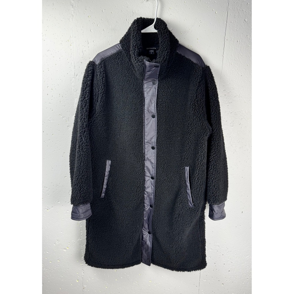 Athleta Fleece Hybrid Coat Black Sherpa Nylon Quilted Longline Funnel Neck Large - Picture 5 of 15
